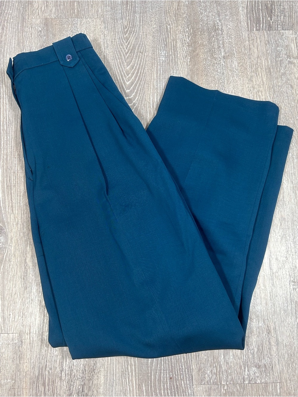 Vintage 70s Teal High Rise Wide Leg Trousers Classic Pleated Retro Tailored S